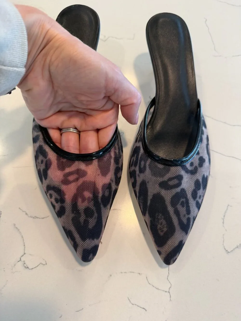 Leopard print mesh kitten heels slip on mules size 8